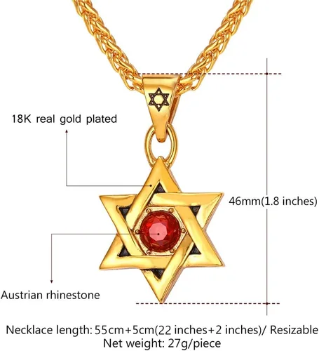 Miniatura 48 de U7 - Collar con Estrella de David para hombres y mujeres, dije hexagonal de acero inoxidable con cruz/piedra de rubí/collares clásicos judíos
