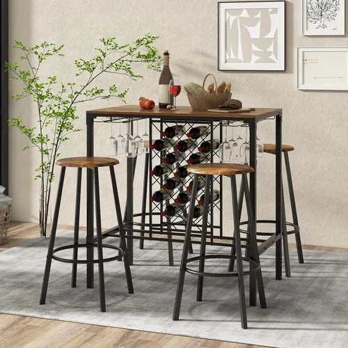 Miniatura 2 de COSTWAY Juego de comedor de 5 piezas de altura de barra, mesa y taburetes para 4 personas con estantes para vino y soportes para vidrio, juego