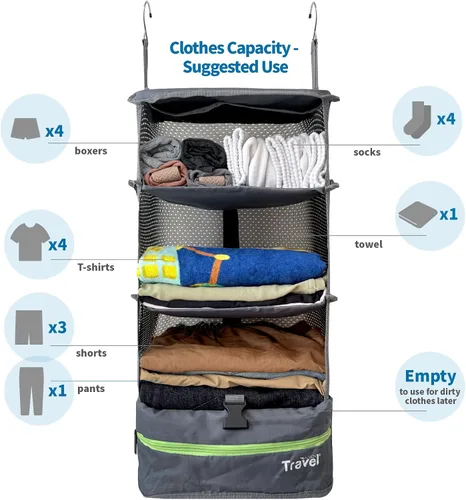Miniatura 3 de Grand Fusion Stow-N-Go Organizador de equipaje de viaje Estantes de viaje colgantes portátiles, organizador de armario de mano, cubos de embalaje
