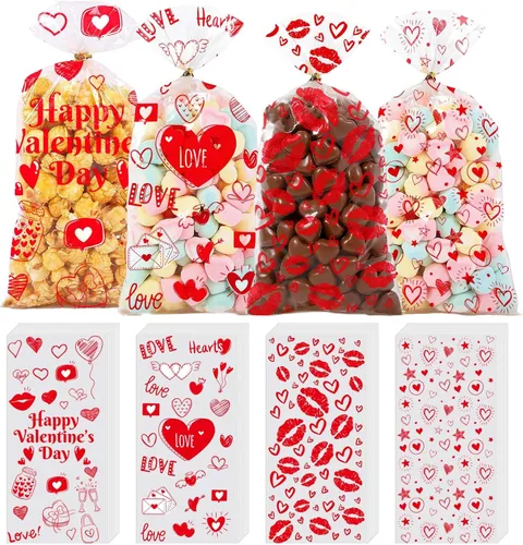 Bolsas de San Valentín ONFAON, 180 piezas de bolsas de regalo de San Valentín con 200 lazos para empacar bocadillos, galletas y dulces, bolsas de