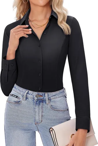 Siliteelon - Camisas de vestir para mujer, manga larga, ajustadas, con botones, elásticas, sin arrugas, con cuello, para negocios, casual, blusa
