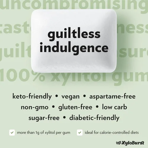 Miniatura 7 de XyloBurst Goma de mascar de xilitol, sin azúcar, sin gluten, apto para dieta cetogénica, sin aspartamo, para la salud bucal, té verde, 12 piezas