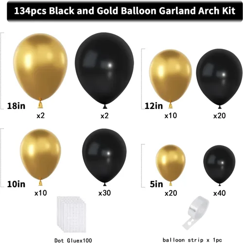 Miniatura 2 de Kit de arco de guirnalda de globos de color dorado y negro, 134 globos metálicos dorados y negros con diferentes tamaños para graduación