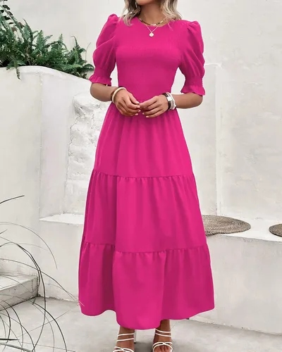 Miniatura 153 de BTFBM Vestidos para mujer, cuello redondo, casual, de verano, con volantes, manga corta, bohemio, con niveles, fruncido, largo, con estampado floral