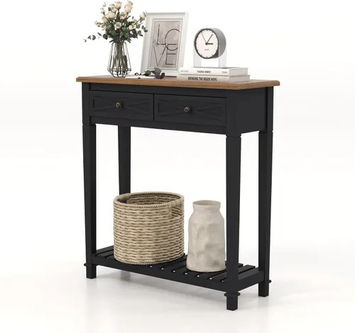 KINTNESS Mesa de entrada, mesa consola estrecha con 2 cajones, mesa auxiliar de sofá con estantes para sala de estar, pasillo, color negro