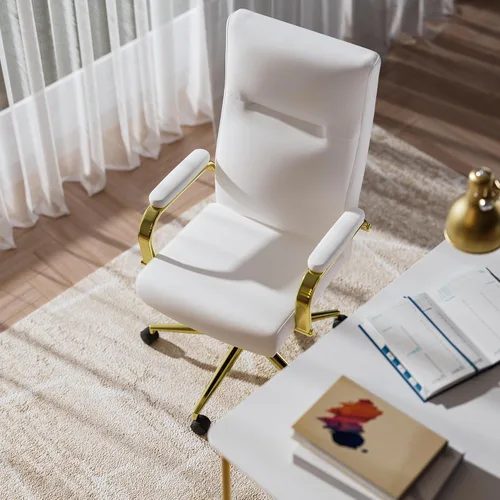 Miniatura 9 de GXJ Silla de oficina blanca y dorada de espuma viscoelástica, sillas de escritorio de cuero blanco con ruedas y brazos, silla de oficina ejecutiva