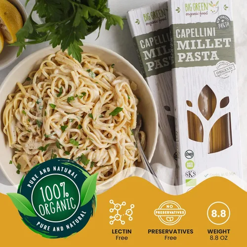 Miniatura 5 de Big Green Organic Food - Capellini de mijo orgánico, sin gluten, sin lectina, sin OMG, vegano, alternativa de trigo y arroz, 8.8 oz (1)