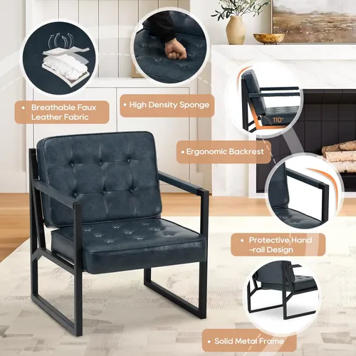 Miniatura 3 de COLAMY Silla decorativa moderna, sillón con brazo decorativo para sala de estar, cómodo sillón de cuero con patas de metal para dormitorio, Azul