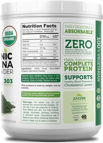 Miniatura 7 de Zazzee USDA - Polvo de espirulina orgánica de 2.2 libras (2.2 lbs), 303 porciones, 100% puro y no irradiado, vegano, totalmente natural y sin OMG