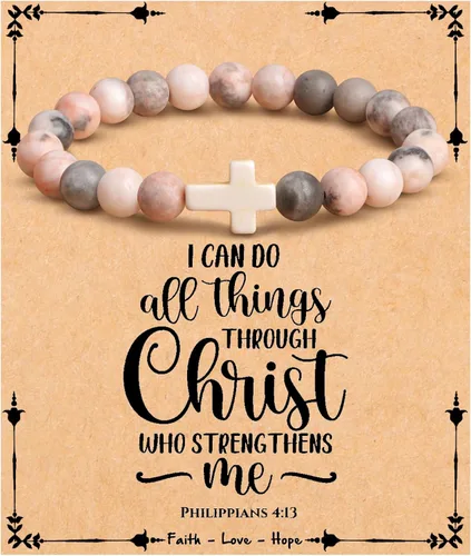 Miniatura 24 de JoycuFF Regalos Cristianos, Pulseras de Cruz para Mujeres, Joyería Cristiana Católica Religiosa de Fe de Pascua, Pulseras de Piedra Natural