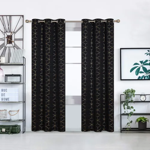 Miniatura 2 de Deconovo Cortinas opacas, aislamiento térmico y reducción de ruido, estampado de lámina de diamante – ojales en la parte superior, 2 paneles, Negro
