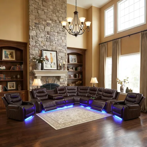 Miniatura 33 de Juego de sofá modular reclinable eléctrico para sala de estar, juego de sofá reclinable de cuero con luces LED / almacenamiento oculto, sofá