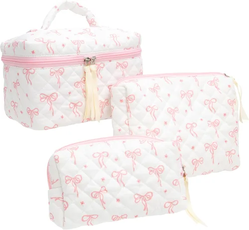 Miniatura 8 de PAZIMIIK - Bolsa de maquillaje de algodón para mujer, grande, acolchada para viaje, Rosa (Bow Pink), Vintage