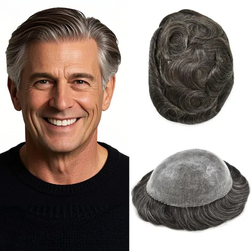 Miniatura 88 de Toupee para hombres Sistema de reemplazo de cabello humano real para hombres Completo PU Mens Hairpiece de aspecto natural para hombre piezas