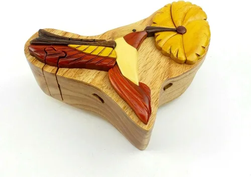 Miniatura 3 de Hummingbird & Flower - Caja de rompecabezas de Intarsia de madera natural, hecha a mano con compartimento secreto