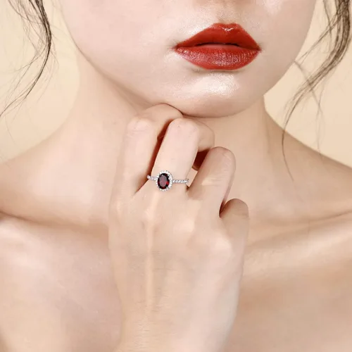 Miniatura 2 de Anillo de compromiso de plata de ley 925 con halo de piedras preciosas ovaladas para mujer talla 5 a 10