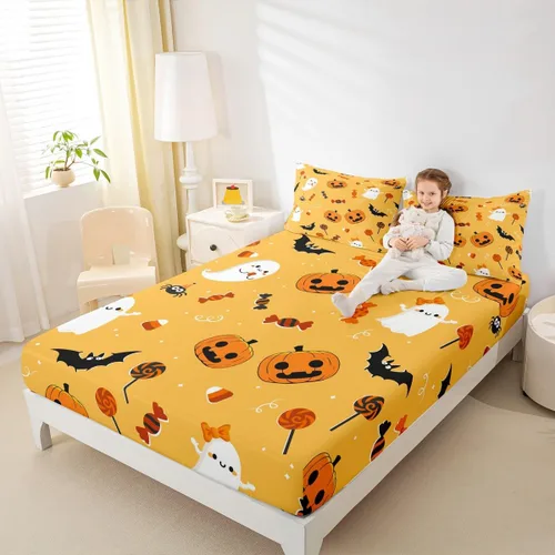 Miniatura 27 de Erosebridal Sábana bajera ajustable de Halloween, diseño de calabaza de dibujos animados, diseño de arco iris para niños, niñas, adolescentes