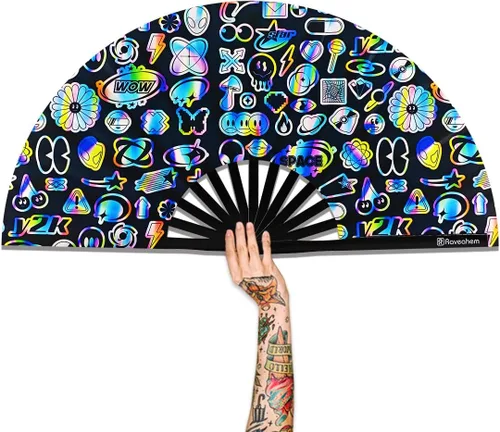 Miniatura 16 de Ventilador plegable grande, ventilador Clack Rave de 13 pulgadas, ventilador de mano para mujeres y hombres con tela de satén de alta calidad, marco