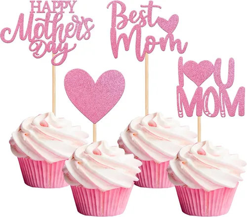 Miniatura 20 de Rsstarxi 1 paquete de decoración para pastel con flores de purpurina con doble corazón Love Mom Best Mom Best Mom Cake Pick Decoraciones para feliz