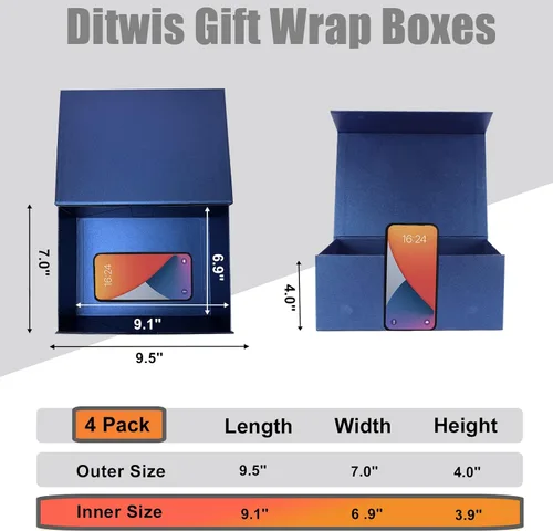 Miniatura 6 de Paquete de 4 cajas de regalo de 9.5 x 7 x 4 pulgadas con tapas de cierre magnético, caja magnética azul para bodas, propuestas de dama de honor