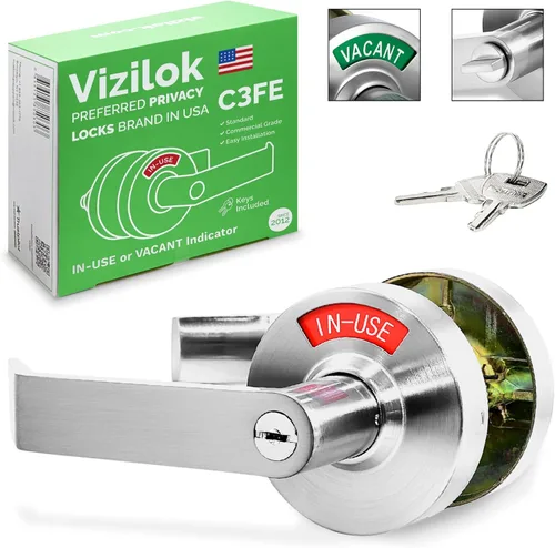 Miniatura 11 de VIZILOK Cerradura de puerta comercial para privacidad del baño, seguridad, cerradura indicadora estándar en cromo satinado, grado ANSi 2, perfecta