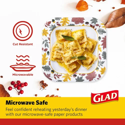 Miniatura 3 de Glad - Platos desechables cuadrados de papel, patrón de follaje otoñal - Platos decorativos fuertes, resistentes, a prueba de remojo y aptos