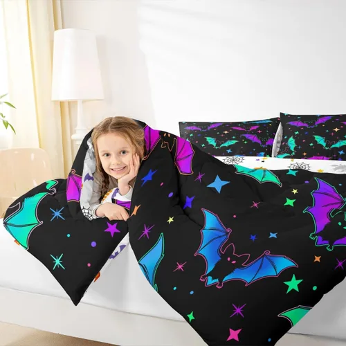 Miniatura 4 de Erosebridal Juego de ropa de cama de murciélago de Halloween, tamaño individual, juego de edredón de estrellas con purpurina y galaxia para niños