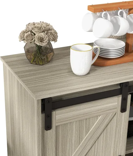 Miniatura 9 de Panana - Armario de almacenamiento para aparador con puerta corrediza de granero, gabinete de barra de café, estilo granja para cocina (roble)