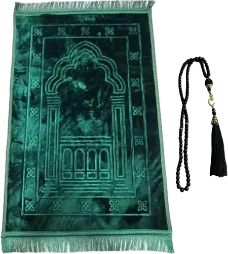 Alfombra de oración musulmana de franela gruesa en relieve, alfombra de oración turca, alfombra de oración islámica, cuentas de rosario para hombres