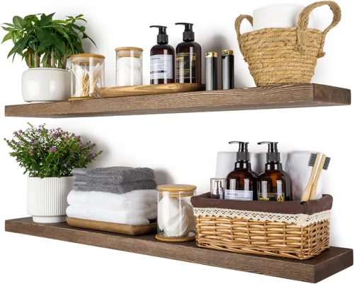 Miniatura 37 de BGMG Estantes flotantes de madera de 12 pulgadas, estantes flotantes negros, estantes de pared de madera maciza para baño, sala de estar