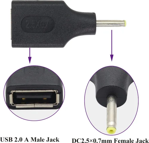 Miniatura 2 de Paquete de 2 adaptadores de corriente CC de 2.5 × 0.028 in a USB CC USB 2.0 A hembra a CC 2.5 × 0.028 in macho 5 V CC conector de barril de carga