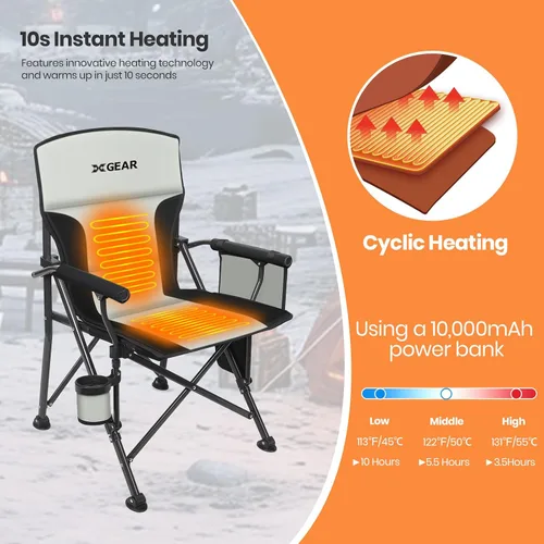 Miniatura 3 de XGEAR Silla de campamento con calefacción de gran tamaño para adultos, 3 niveles de calor, respaldo y asiento con calefacción, silla de campamento