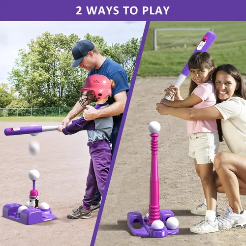 Miniatura 2 de QDRAGON Juego de 2 en 1 de T Ball para niños de 3-5 y 5-8 años, juego de Tee Ball con máquina lanzadora automática/bate de bateo ajustable y Rosa