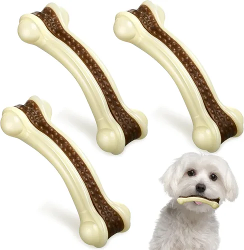 Miniatura 11 de Sosation Paquete de 3 juguetes masticables para masticadores agresivos, juguetes de hueso de nailon con sabor a carne de res, juguetes