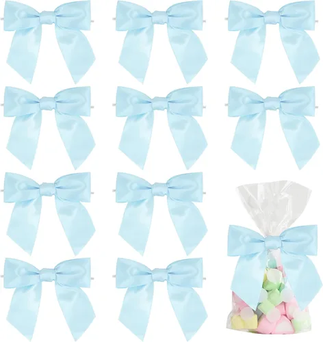 AIMUDI Lazos Azules para Baby Shower de 4.5" Lazos Azules para Bebé Pre-Atados con Ataduras de Alambre Lazos de Cinta Azul Claro para Manualidades