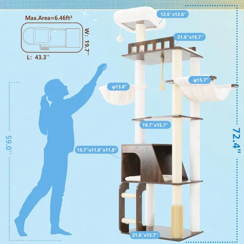 Miniatura 2 de Hey-brother Árbol de madera para gatos, torre de muebles para gatos de 69.7 pulgadas con plataformas grandes, hamacas, condominio espacioso, postes