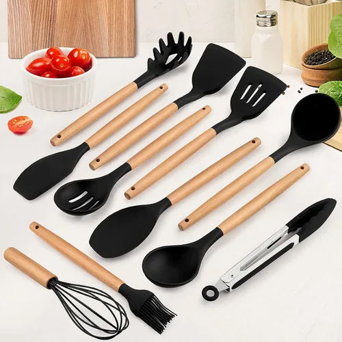 Miniatura 2 de E-far - Juego de 12 utensilios de cocina de silicona con soporte, antiadherentes y resistentes al calor, incluye espátula, pinzas, cucharón, Negro