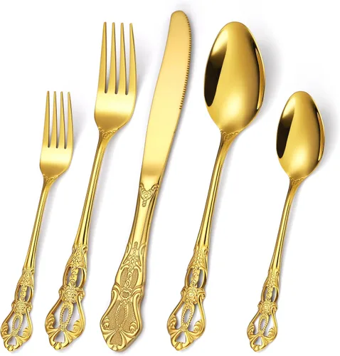 Miniatura 10 de Juego de cubiertos dorados de 20 piezas con tenedor para pastel, juego de cubiertos de acero inoxidable para 4, utensilios de cocina con mango