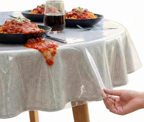Miniatura 13 de XFasten - Cubierta de mesa de plástico transparente de 54 x 54 pulgadas, protector de mantel de vinilo de plástico transparente, impermeable, a