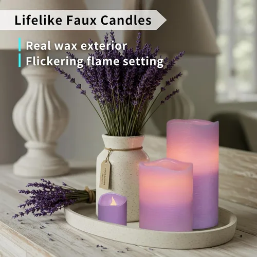 Miniatura 6 de FURORA LIGHTING Velas sin llama de cera real púrpura con control remoto y temporizador, 4 pilares y 4 votivas, paquete de 8, velas LED parpadeantes
