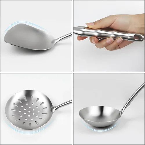 Miniatura 5 de Juego de utensilios de cocina de acero inoxidable de 18 y 10 piezas, 9 piezas de utensilios de cocina de metal de 14 pulgadas de largo, resistentes