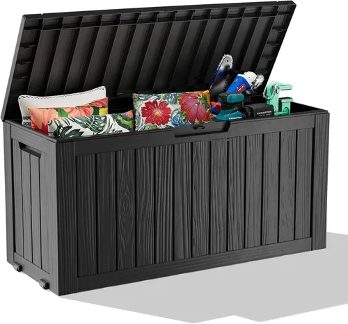 Miniatura 23 de EasyUp Caja de almacenamiento al aire libre de 30 galones, caja de resina para muebles, herramientas de jardín, cajas de almacenamiento exteriores