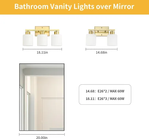 Miniatura 3 de WILON 2 luces doradas cepilladas, accesorios de iluminación de tocador de baño con pantallas de vidrio esmerilado blanco leche, modernas luces