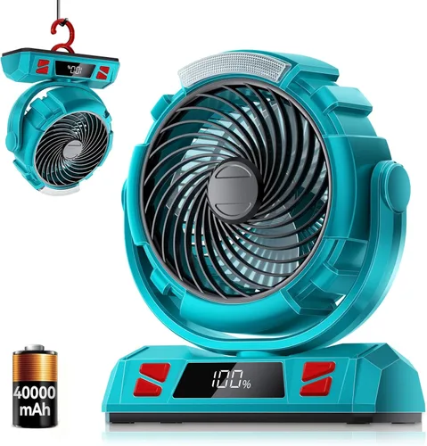 Miniatura 8 de Ventilador de campamento de 20000 mAh con luz LED, ventilador de escritorio oscilante automático con control remoto y gancho, ventilador de tienda