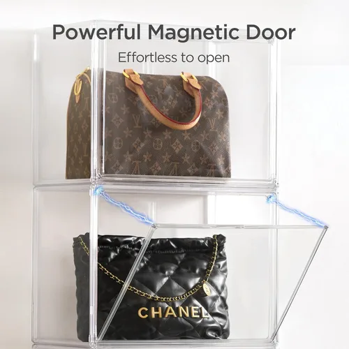 Miniatura 22 de HBlife Paquete de 3 organizadores de almacenamiento de bolsos para armario, caja de exhibición mediana transparente apilable con puerta magnética