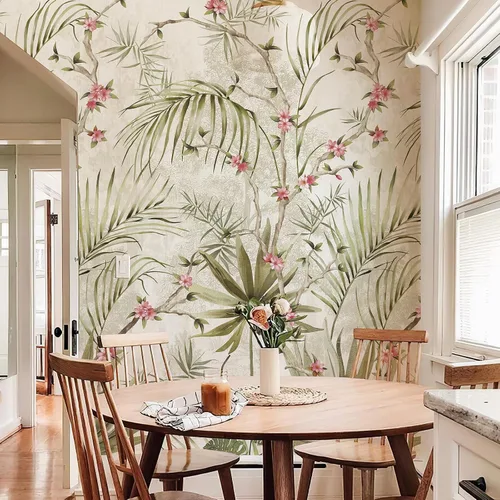 Miniatura 4 de Zeeko Murales de pared botánicos vintage para despegar y pegar, 59 pulgadas de ancho x 110 pulgadas de alto, papel tapiz floral de árbol beige