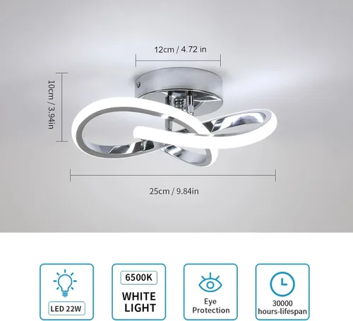 Miniatura 2 de Lámpara de Techo LED Moderna, Lámpara de Techo de 22W LED 6500K Blanco Frío Diseño Espiral para Pasillo de Corredor Balcón Cocina (Plateado)