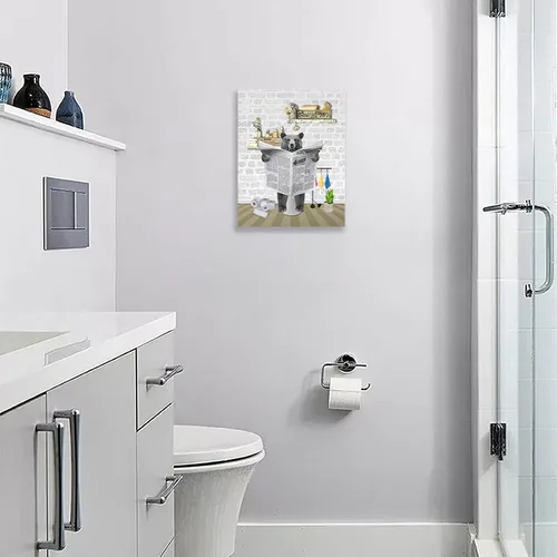Miniatura 2 de Fuzawet Arte de pared de oso para decoración de baño, lienzo de lectura de periódico, negro en el inodoro, imágenes divertidas de animales
