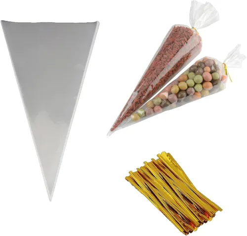 COOLAKE Bolsas de golosinas en forma de cono, 100 unidades de 7 x 14.5 pulgadas, bolsa de celofán, bolsa de palomitas de maíz con lazos giratorios