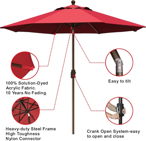 Miniatura 5 de EliteShade USA - sombrilla de 9 pies para patio, sombrilla de mesa para exteriores con ventilación, no se decolora durante 10 años, Logo Rojo